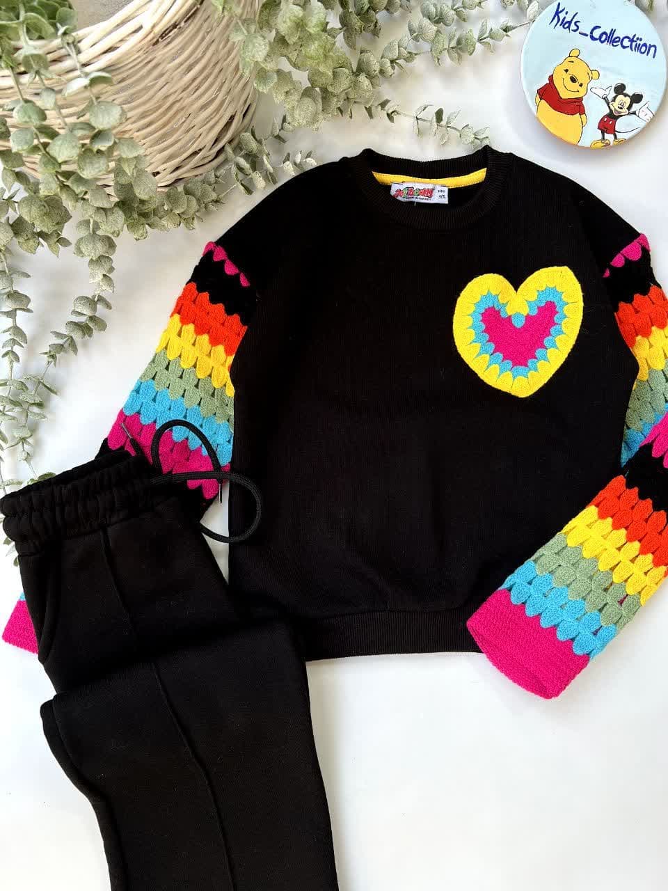 ست بلوز شلوار دخترانه ترک داخل کرکی طرح قلب قلاب بافی